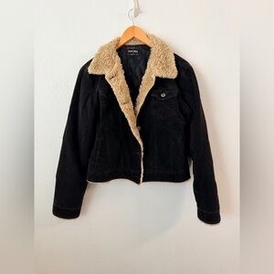 Corduroy Sherpa Winter Jacket Y2k Black Brown Fur Sz L Juniors Vintage